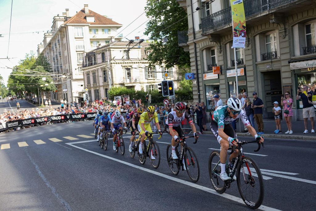 From R to L BoraHansgrohe teams Austrian rider Patrick Konrad UAE Team Emirates teams Polish rider Rafal Majka and UAE Team Emirates teams Slovenian rider Tadej Pogacar cycle in the last kilometers during the 8th stage of the 109th edition of the of the Tour de France cycling race 1863 km between Dole in eastern France and Lausanne in Switzerland on July 9 2022 Photo by Thomas SAMSON AFP Photo by THOMAS SAMSONAFP via Getty Images