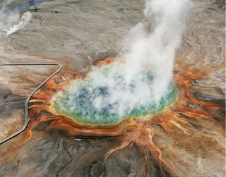 The concentric colors of Yellowstone's Grand Prismatic hot spring can be seen from above.