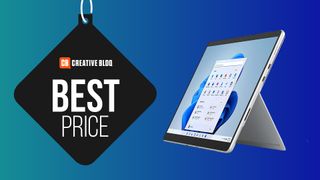Surface Pro 8 product shot on a blue gradiente background. Text reads: "best price"