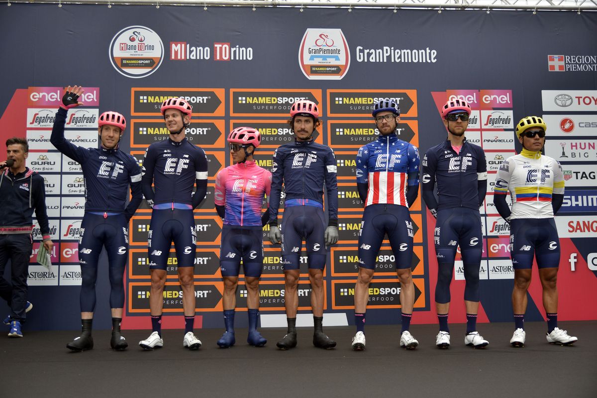 EF Education First sign on at the start of Milano-Torino