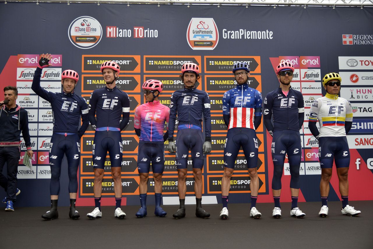 EF Education First sign on at the start of Milano-Torino