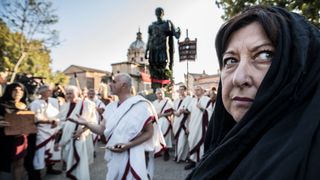 Members of the Gruppo Storico Romano, (Roman Historical Group) take part in the re-enactment of Julius Caesar assassination on March 15, 2017 in Rome, Italy.