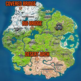 Swing under an arch at Desert Arch, Big Bridge, or Covered Bridge in Fortnite