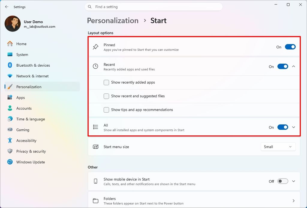 Windows 11 Settings showing the new Start menu customization settings.