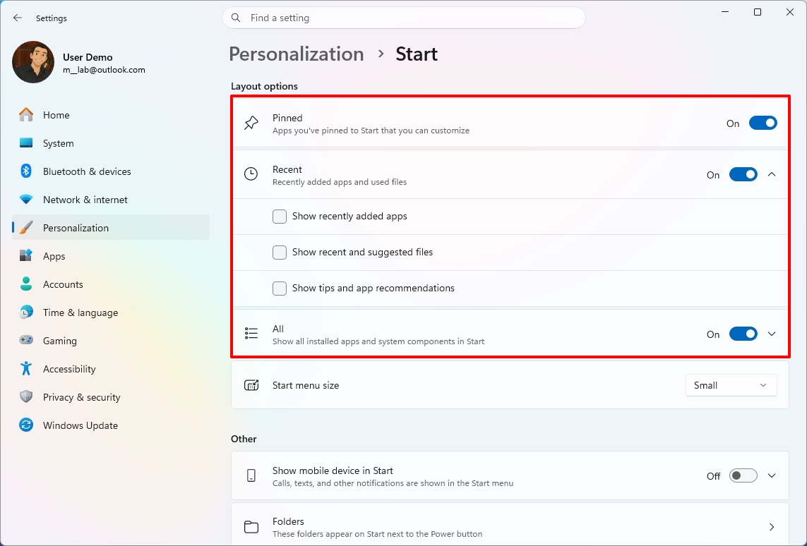 Windows 11 Settings showing new Start Menu customization settings.