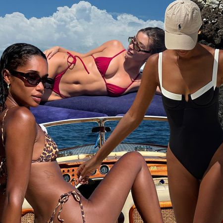 A collage of celebrities and influencers wearing bathing suits, including Hailey Bieber, Kendall Jenner, Laura Harrier, and Jasmine Tookes.