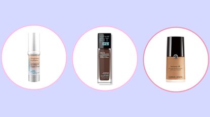 Collage of three of the best foundations for acne-prone skin included in this guide from Oxygenetix, Maybelline, and Giorgio Armani 