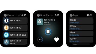 Tre skjermbilder fra appen Streamlets på Apple Watch