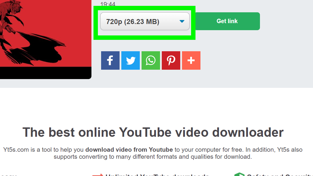 Поле выделяет поле качества видео при загрузке видео YouTube с YT5s.com.