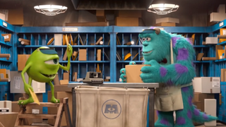 Mike and Sulley in the mail room of Monsters University.