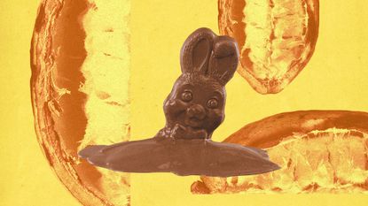 Photo collage of a melting chocolate bunny, with cocoa pods in the background