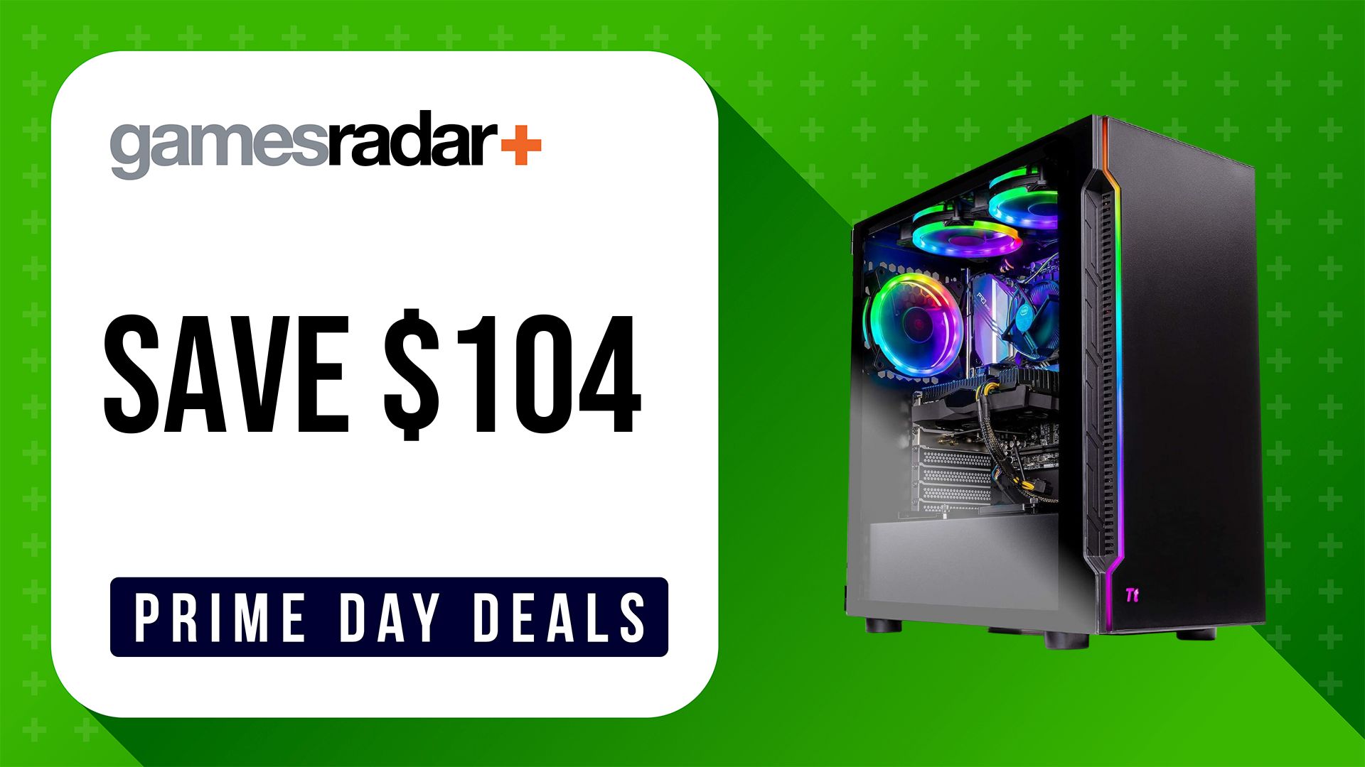 Skytech Shadow Prime Day gaming PC deals with green background and $104 saving stamp