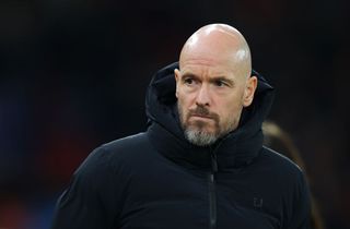 Manchester United manager Erik ten Hag looks on prior to the UEFA Champions League match between Manchester United and FC Bayern München at Old Trafford on December 12, 2023 in Manchester, England.