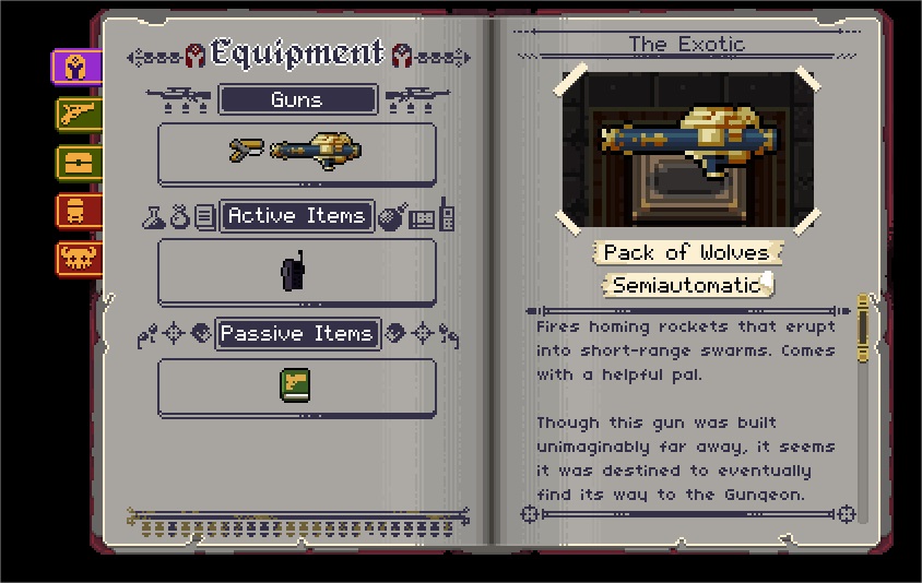 An exotic semiautomatic called the Pack of Wolves from Enter the Gungeon