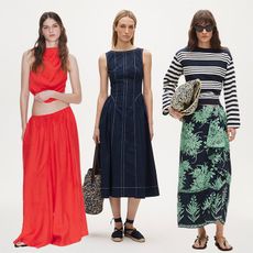Model wears red pant set. Another model wears dress and espadrilles. Last model wears green and navy saraong with a striped tee. 