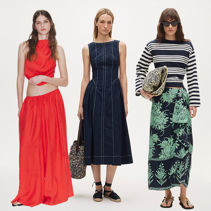 Model wears red pant set. Another model wears dress and espadrilles. Last model wears green and navy saraong with a striped tee. 