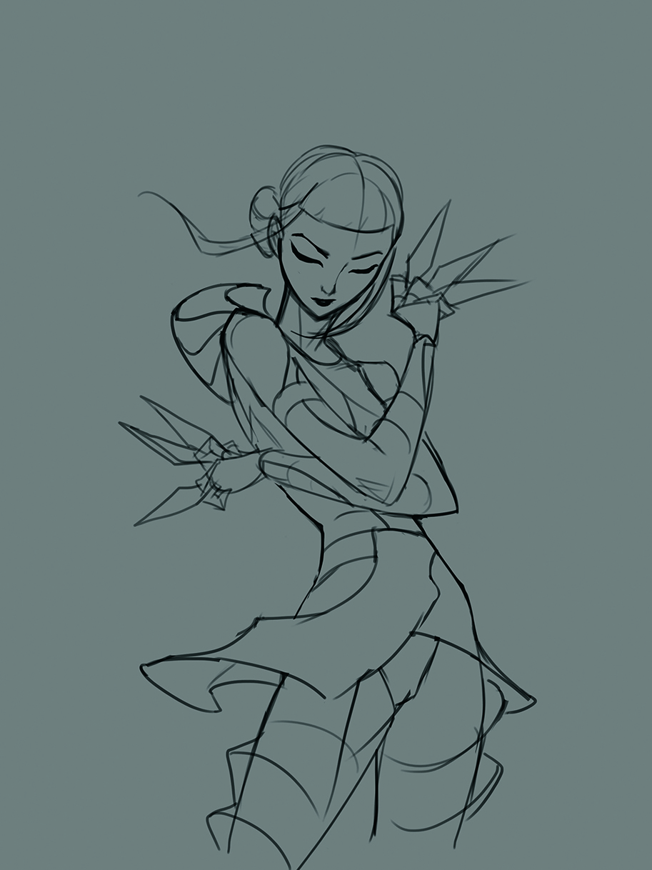 A clearer sketch of KPop Demon Hunters fan art showing Zoey with held arms crossed