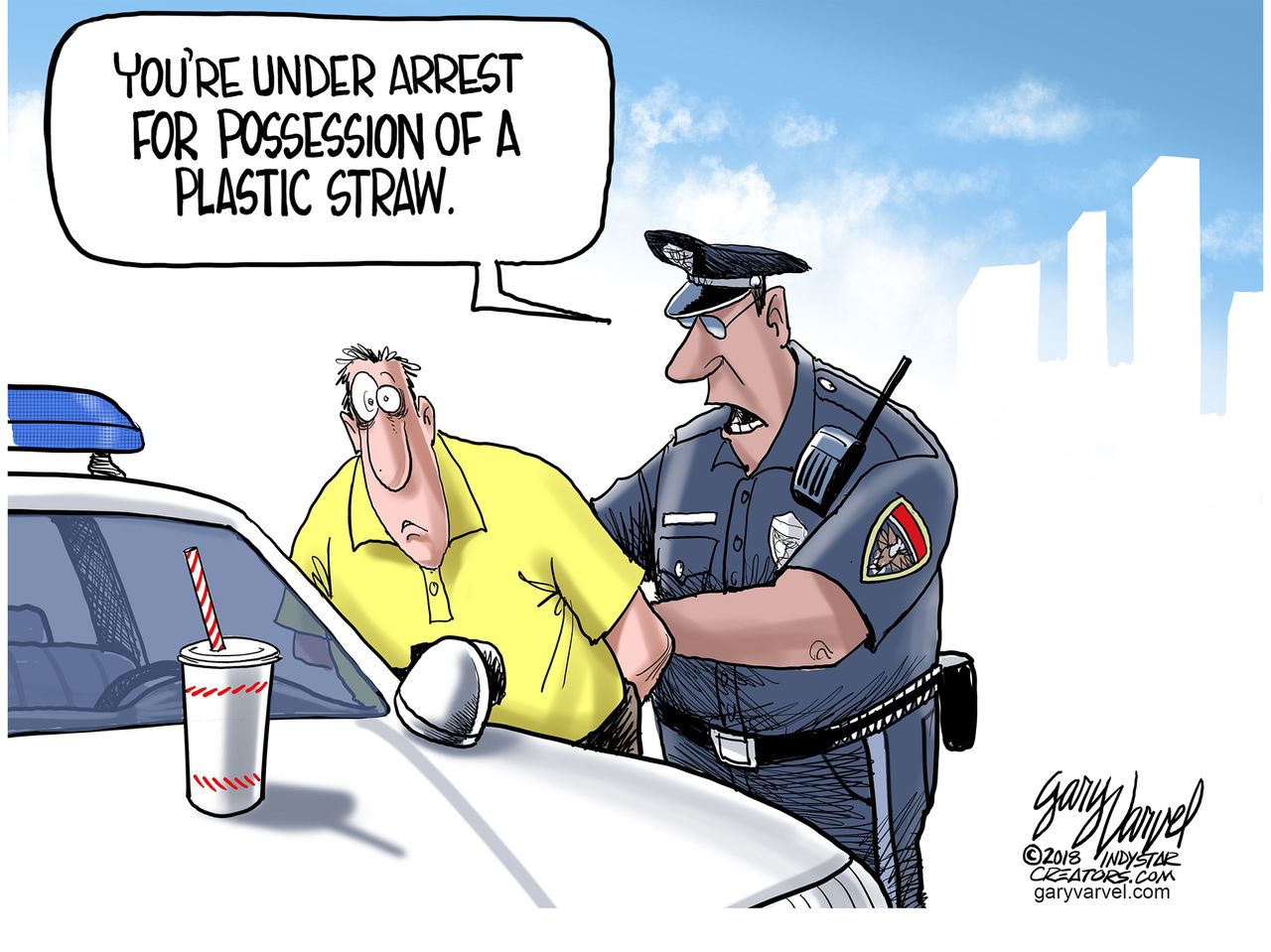 Editorial cartoon U.S. Possession of plastic straw ban arrest