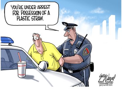 Editorial cartoon U.S. Possession of plastic straw ban arrest