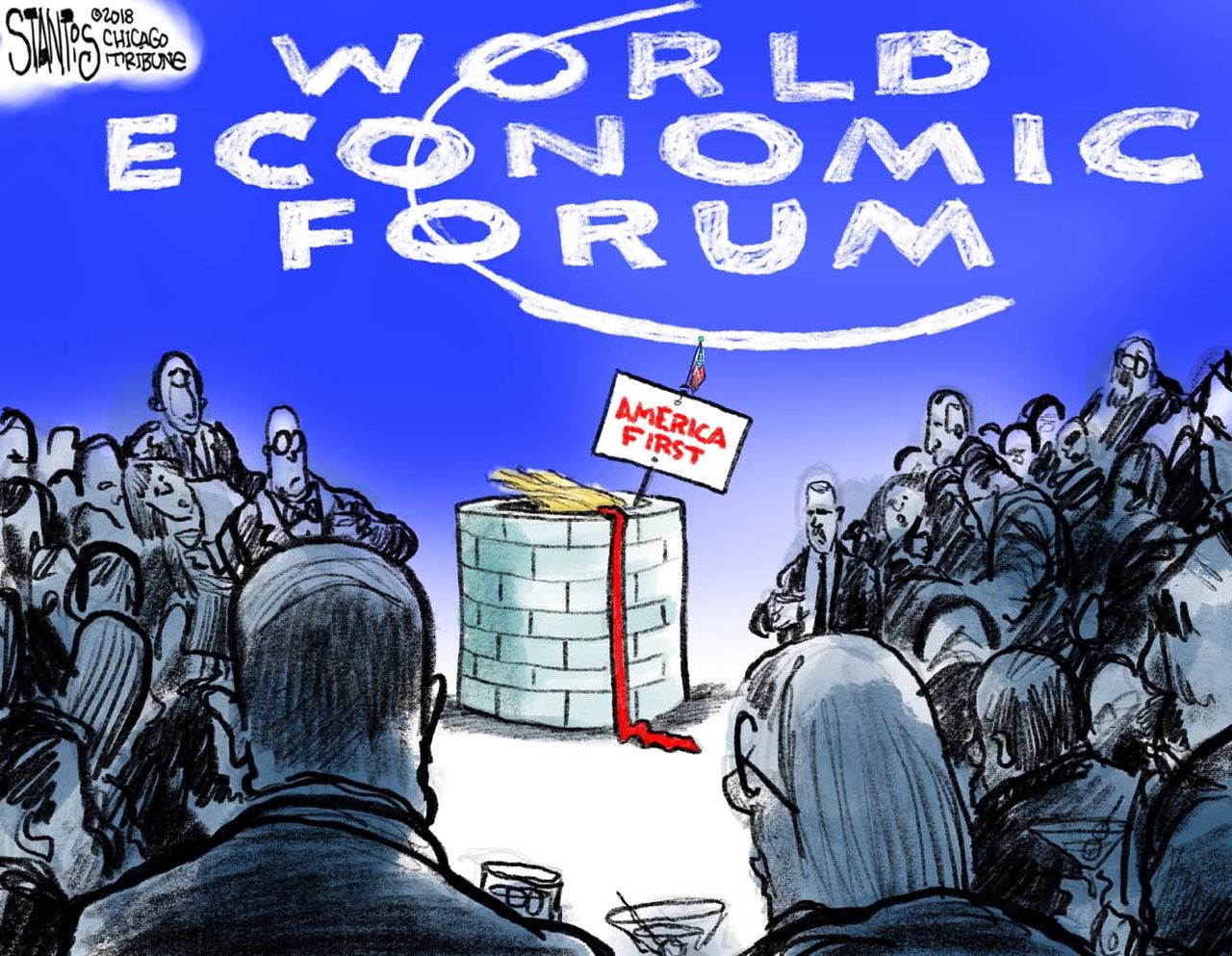 Political cartoon U.S. Trump Davos America First foreign policy