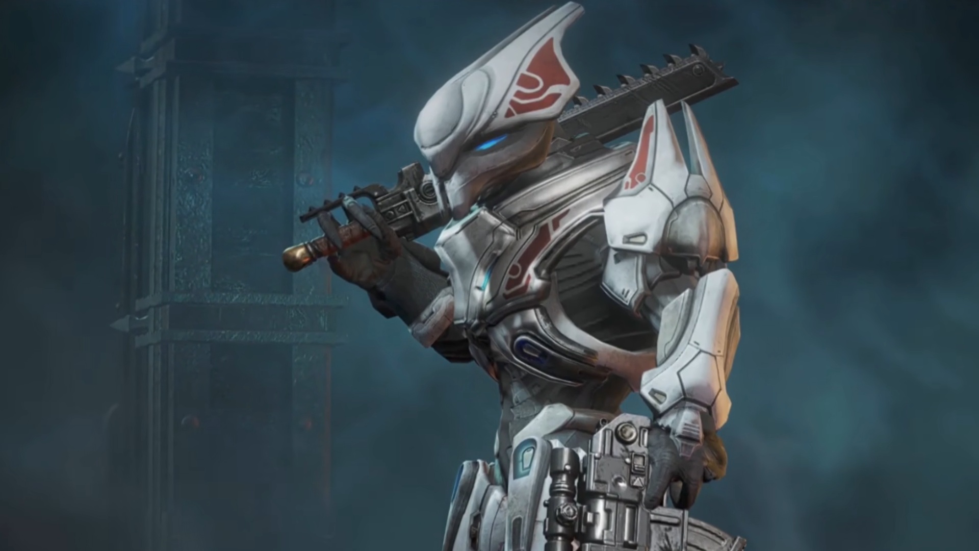 Halo Reach Elite in white armor holding chainsword and bolter in Space Marine 2 mod.