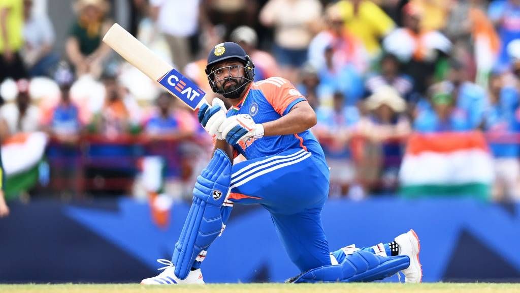 Rohit Sharma of India plays a shot for six runs during the ICC Men&#039;s T20 Cricket World Cup West Indies &amp; USA 2024 Super Eight match between Australia and India at Daren Sammy National Cricket Stadium on June 24, 2024 