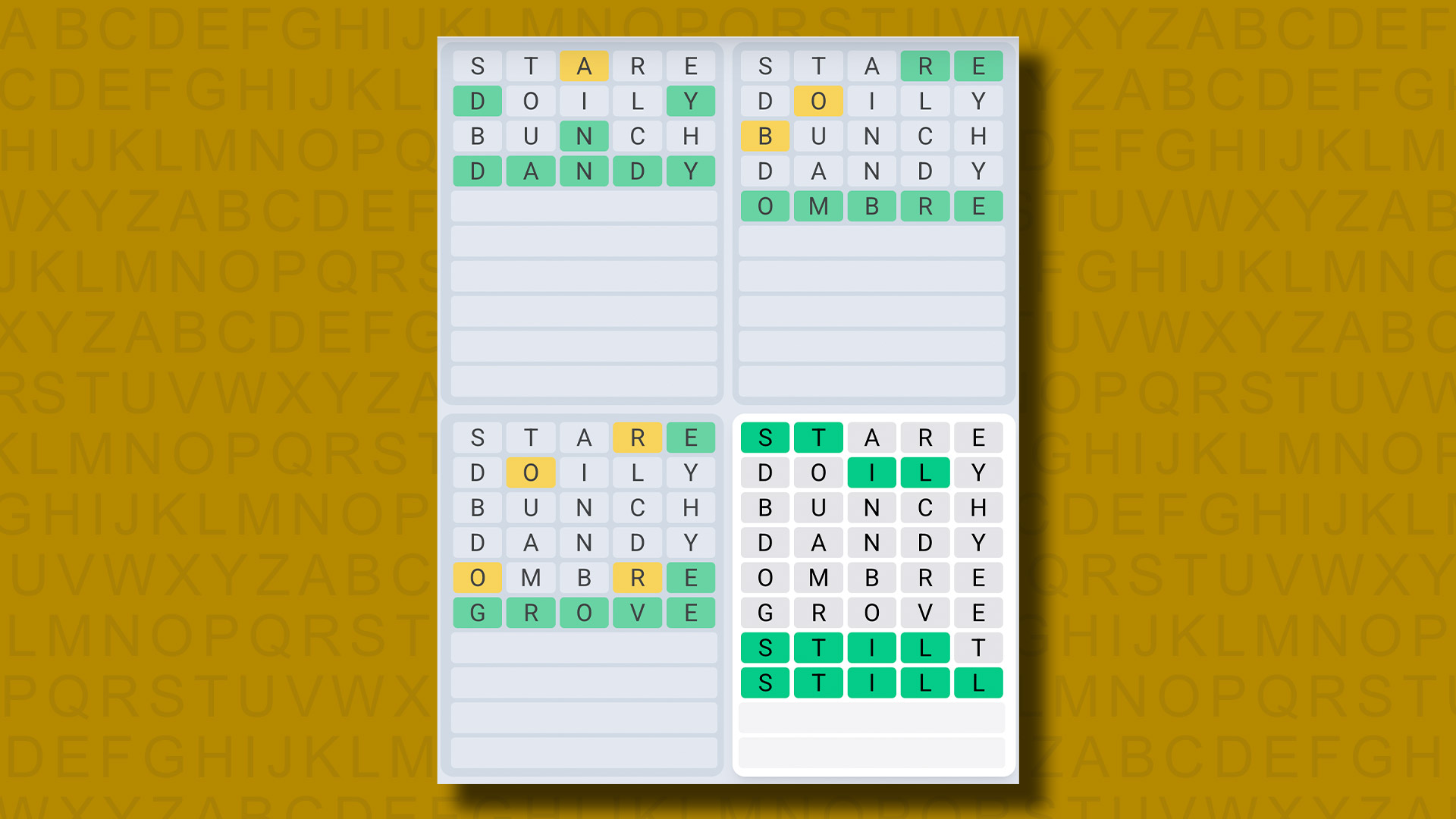 Quordle Daily Sequence answers for game 1245 on a yellow background