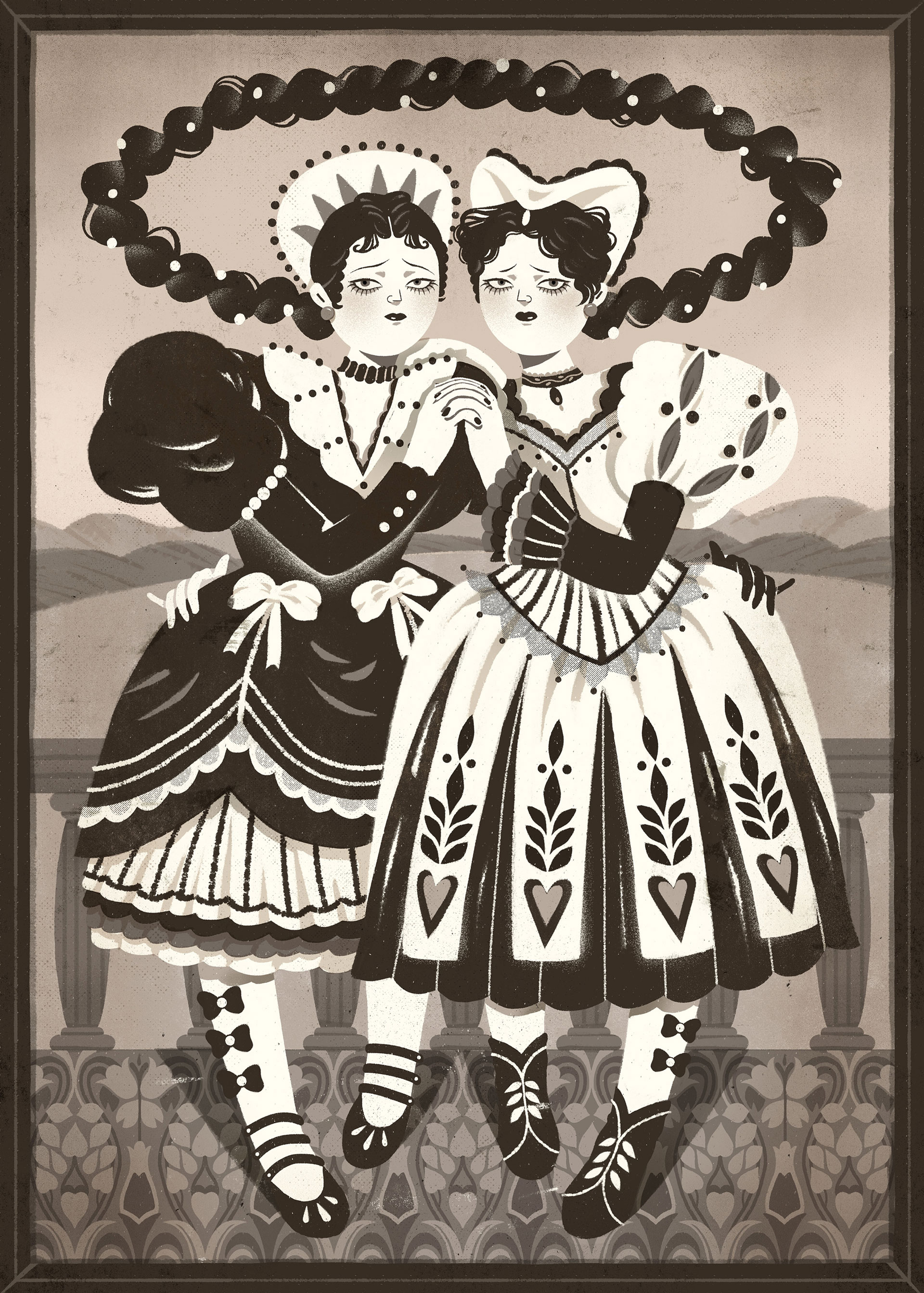 illustrations by Peilin Li depicting two twins in muted tones