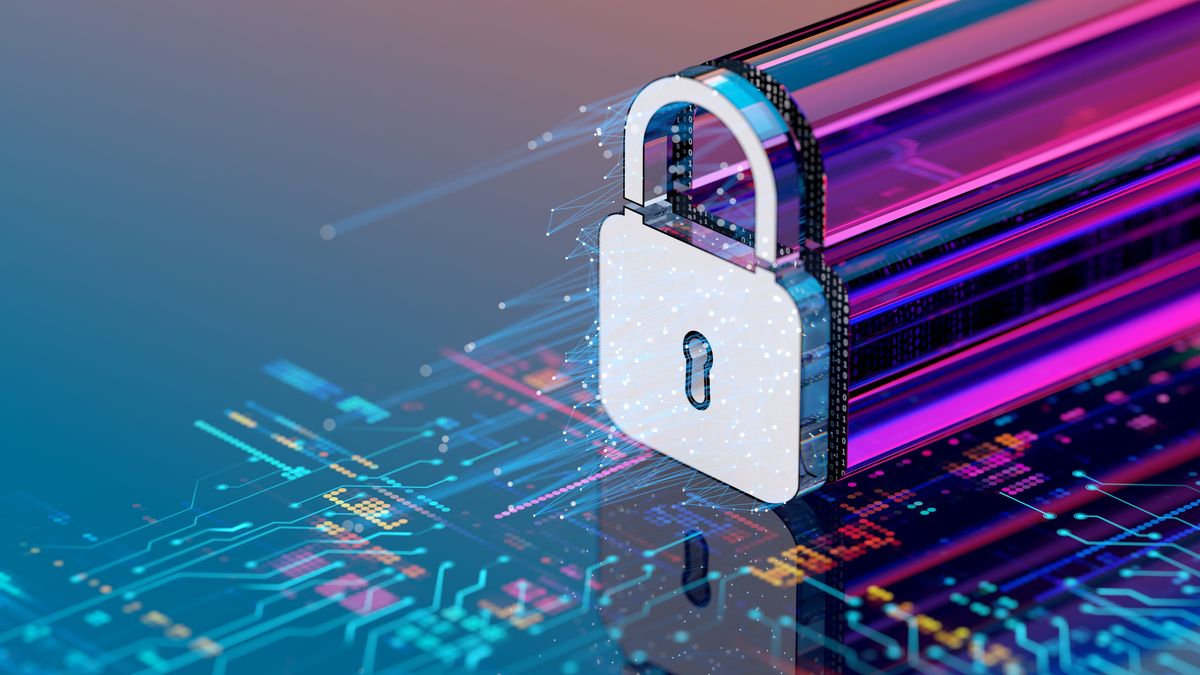 A CGI render of a padlock sat on a computer schematic to represent network security and firewalls. Decorative: Purple energy flows behind the padlock to represent the flow of data.