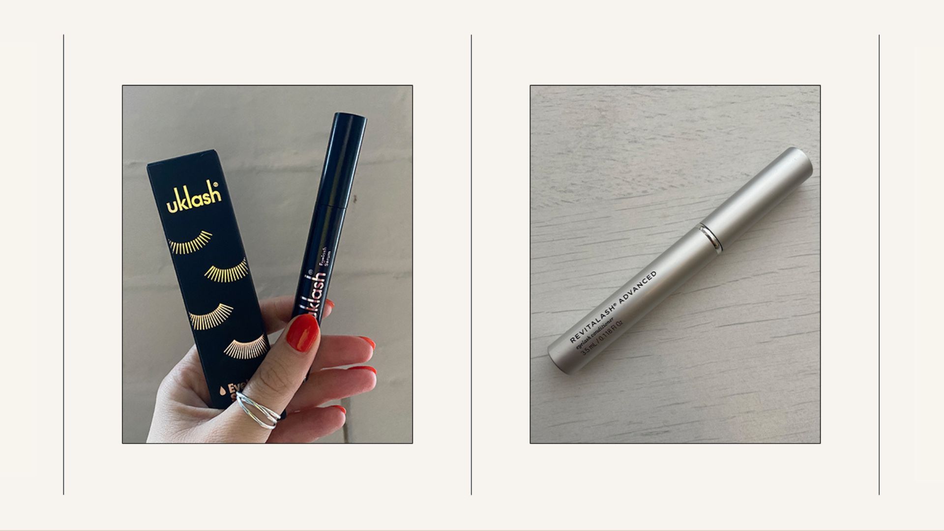 A graphic with photos of eyelash serums