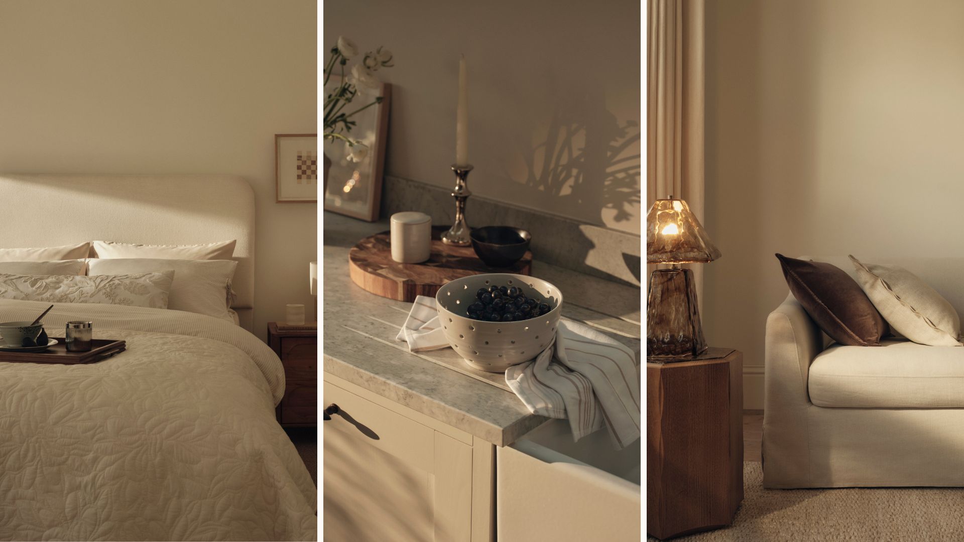 Compilation image of a bedroom kitchen and living room showcasing the new Marks and Spencer spring homeware collection