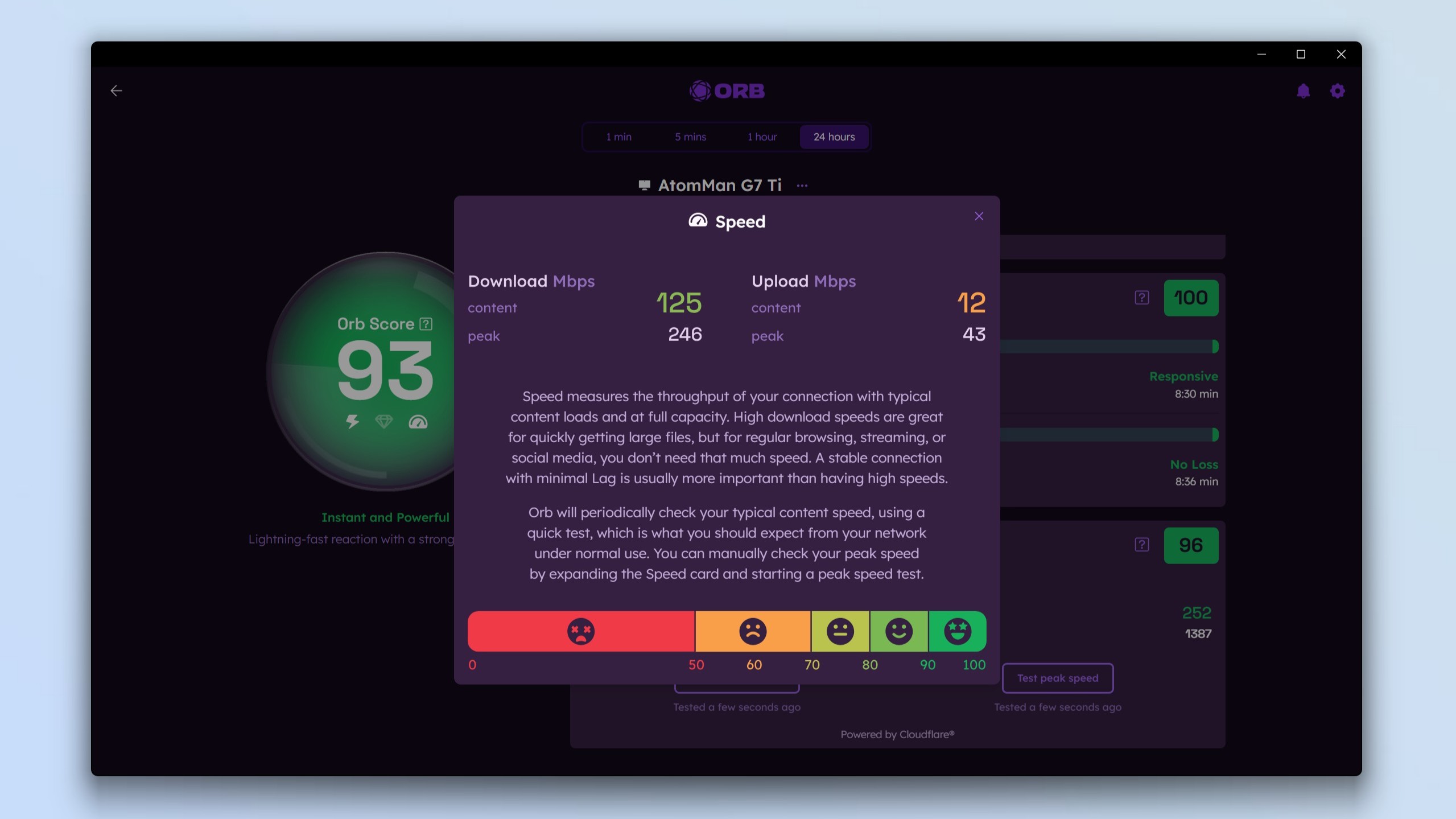 A screenshot showing how the Orb app measures download and upload speeds