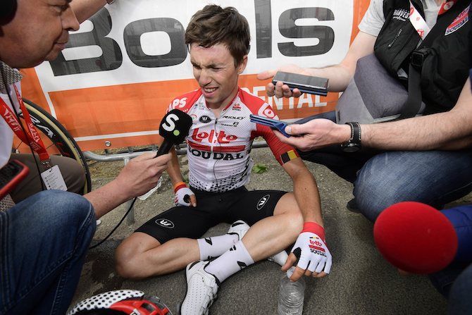 Lotto Soudal's Bjorg Lambrecht tells the press how he climbed to fourth place at the 2019 Fl&egrave;che Wallonne