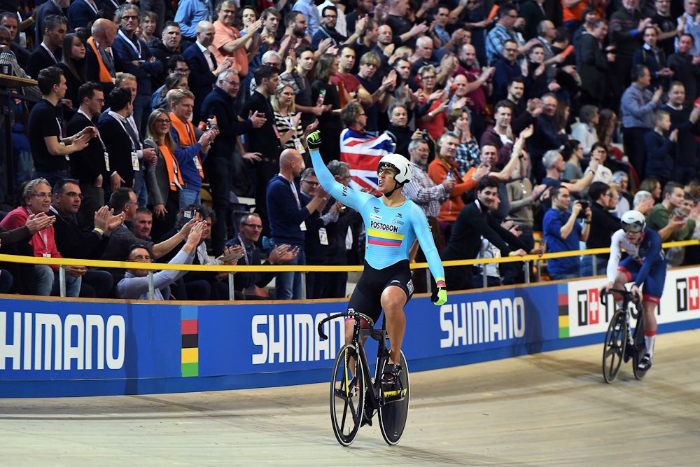 Colombia's Fabian Hernando Puerta Zapata celebrates after winning the men's Keirin final during the UCI Track Cycling World Championships