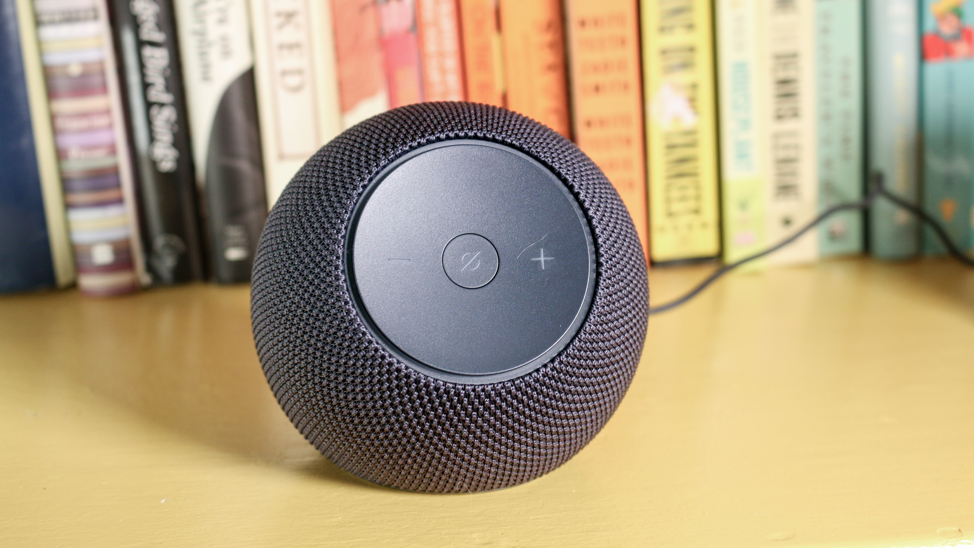 Echo Dot Max on a book shelf