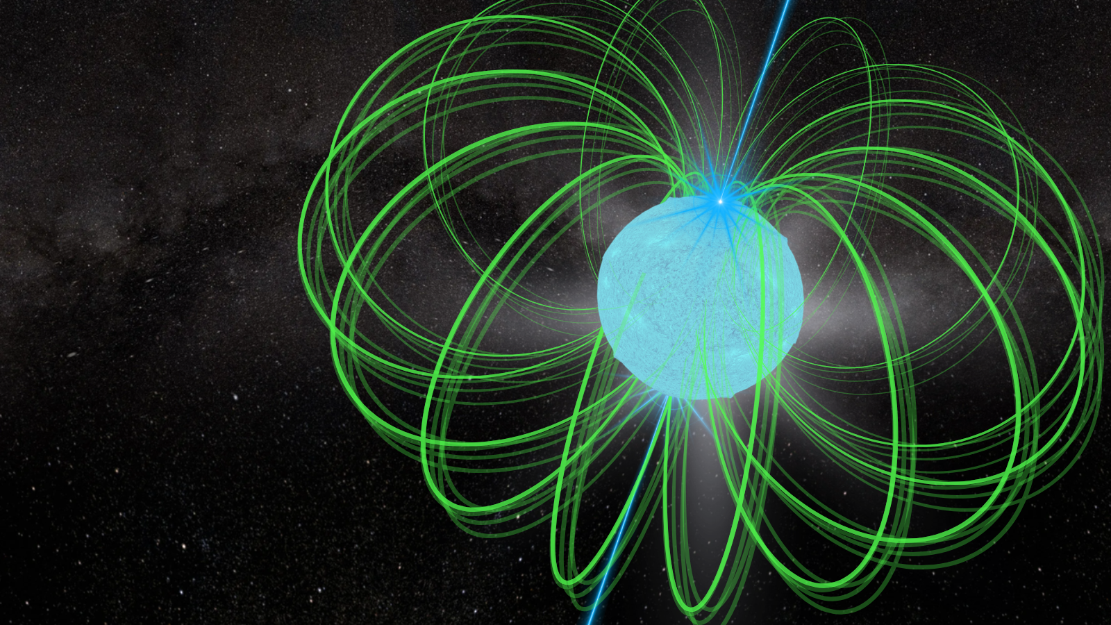 An illustration of a neutron star pulsar blasting out beams of light from its poles and surrounded by a powerful magnetic field