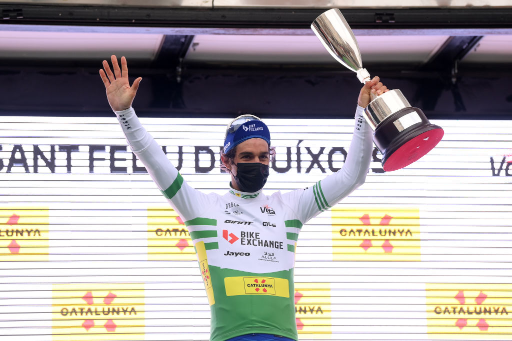 SANT FELIU DE GUIXOLS SPAIN MARCH 21 Michael Matthews of Australia and Team BikeExchange Jayco celebrates at podium as green leader jersey winner during the 101st Volta Ciclista a Catalunya 2022 Stage 1a 171km stage from Sant Feliu de Guxols to Sant Feliu de Guxols VoltaCatalunya101 WorldTour on March 21 2022 in Sant Feliu de Guixols Spain Photo by David RamosGetty Images