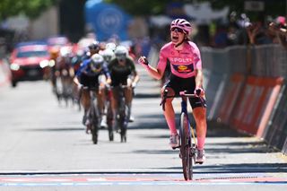 L'AQUILA, ITALY - JULY 14: Elisa Longo Borghini of Italy and Team Lidl - Trek - Pink Leader Jersey celebrates at finish line as overall race winner during the 35th Giro d'Italia Women 2024, Stage 8 a 117km stage from Pescara to L'Aquila / #UCIWWT / on July 14, 2024 in L'Aquila, Italy. (Photo by Luc Claessen/Getty Images)