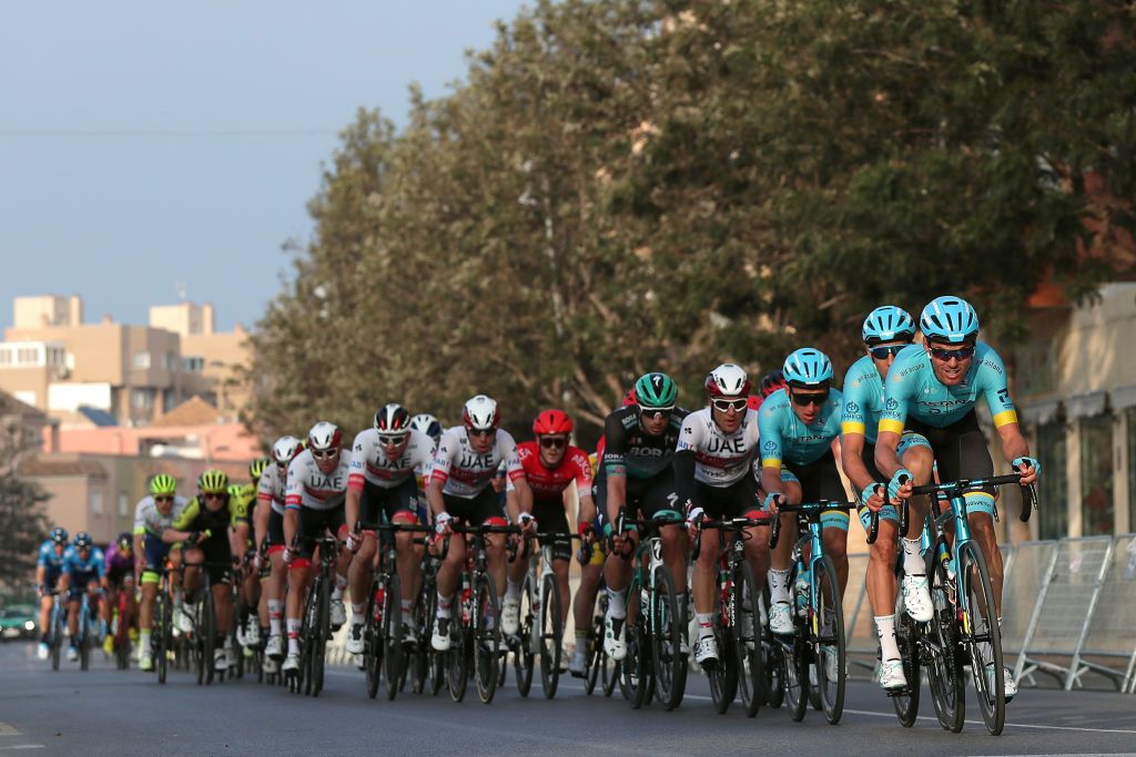 ROQUETAS DE MAR SPAIN FEBRUARY 16 Luis Len Sanchez Gil of Spain and Astana Pro Team Omar Fraile of Spain and Astana Pro Team Yevgeniy Gidich of Kazahkstan and Astana Pro Team Peloton during the 33rd Clsica de Almera 2020 a 1876km stage from Roquetas de Mar to Roquetas de Mar ClasicaAlmeria on February 16 2020 in Roquetas de Mar Spain Photo by Gonzalo Arroyo MorenoGetty Images