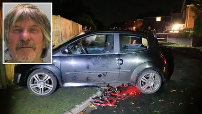 The unattended car after the crash and (inset) driver Keith Vernon
