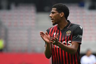 Manchester United target Nice's French defender Jean-Clair Todibo gestures during the French L1 football match between OGC Nice and Toulouse FC at the Allianz Riviera Stadium in Nice, south-eastern France, on May 21, 2023. (Photo by Nicolas TUCAT / AFP) (Photo by NICOLAS TUCAT/AFP via Getty Images)