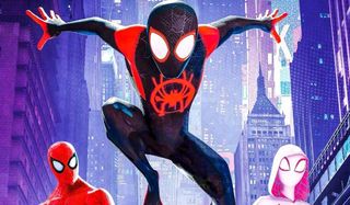 Spider-Man: Into The Spider-Verse Peter, Miles, and Gwen costumed on the New York streets
