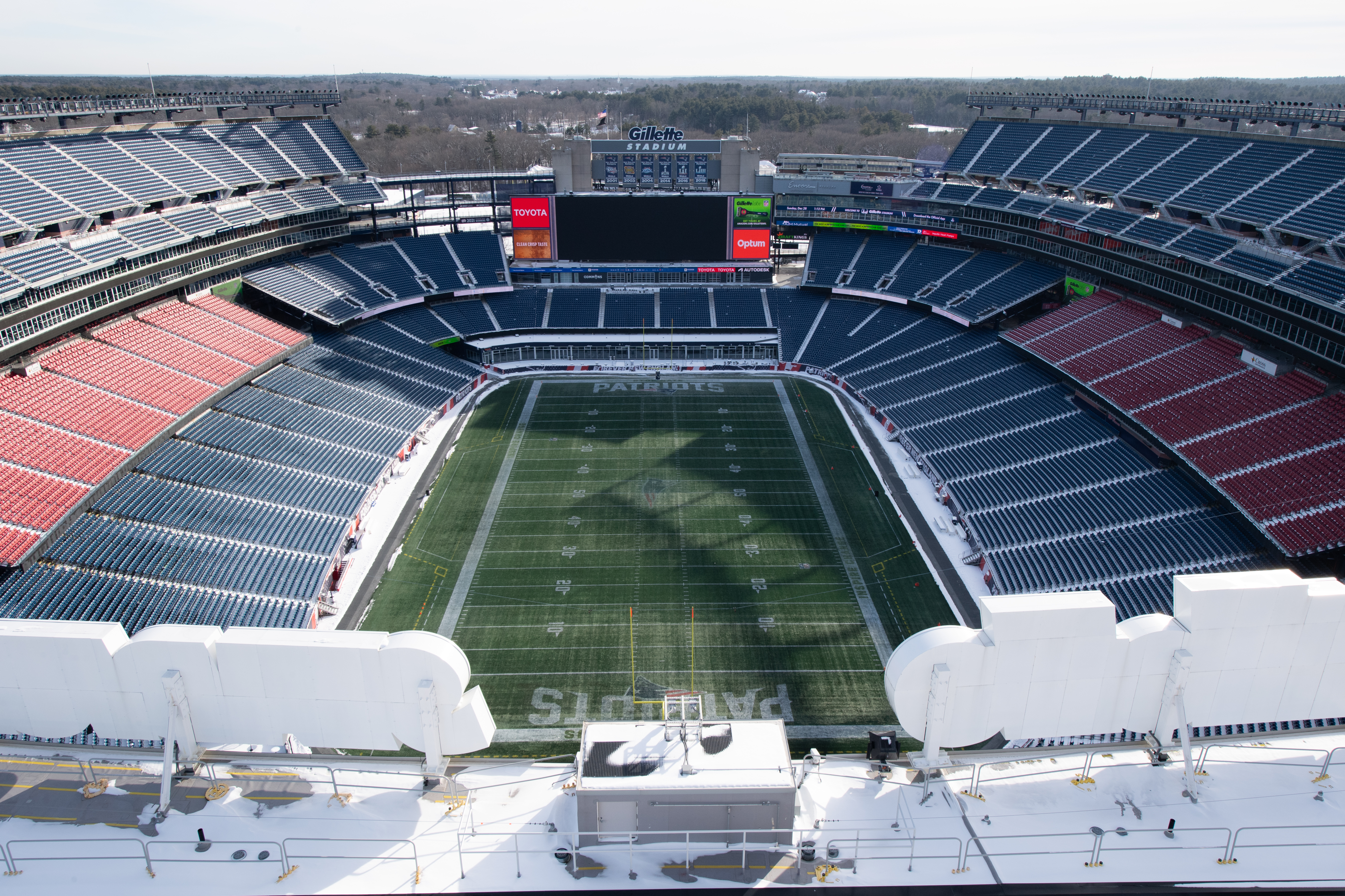 FOXBOROUGH, MA - DECEMBER 28: A general view of the New England Patriots football field and Gillette Stadium from the lighthouse on December 28, 2025, at Gillette Stadium, in Foxborough, MA. (Photo by Erica Denhoff/Icon Sportswire via Getty Images)