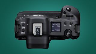 The top of the Canon EOS R3 mirrorless camera