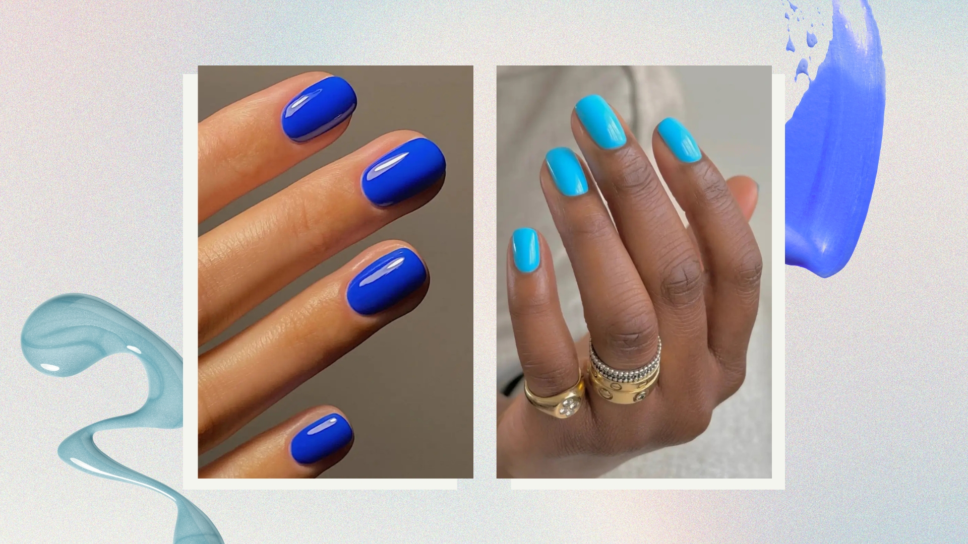A collage of 'marine'-inspired nails: on the left, is a close-up of a hand with a cobalt blue manicure by nail artist, Mateja Novakovic (@matejanova). On the right, is another close-up of a hand with a bright blue manicure and wearing gold rings, by nail artist Julia Diogo (@paintedbyjools), both featured in a blue, purple and pink gradient template with blue nail polish spills.