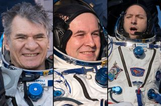 Soyuz MS-05 crewmembers Sergey Ryazanskiy, Paolo Nespoli and Randy Bresnik are seen after landing on Dec. 14, 2017.