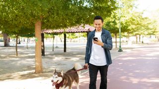 Man on phone while walking dog