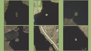 Aerial images of six of the Neolithic islet sites, all shown at the same scale. These include 1) Arnish; 2) Bhorgastail; 3) Eilean Domhnuill; 4) Lochan Duna (Ranish); 5) Loch an Dunain; and 6) Langabhat.