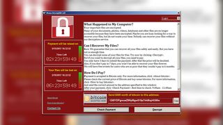Wannacry ransomware screen on a desktop monitor
