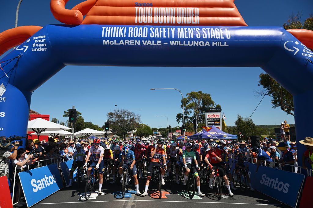 MCLAREN VALE AUSTRALIA JANUARY 25 LR Albert Withen Philipsen of Denmark and Team Lidl Trek White best young jersey Sam Welsford of Australia and Team Red Bull BORA hansgrohe Blue Sprint Jersey Javier Romo of Spain and Movistar Team Orange Santos Leaders Jersey and Fergus Browning of Australia and ARA Australian Cycling Team Green Mountain Jersey prior to the 25th Santos Tour Down Under 2025 Stage 5 a 1457km stage from McLaren Vale to Willunga Hill 371m UCIWT on January 25 2025 in McLaren Vale Australia Photo by Dario BelingheriGetty Images